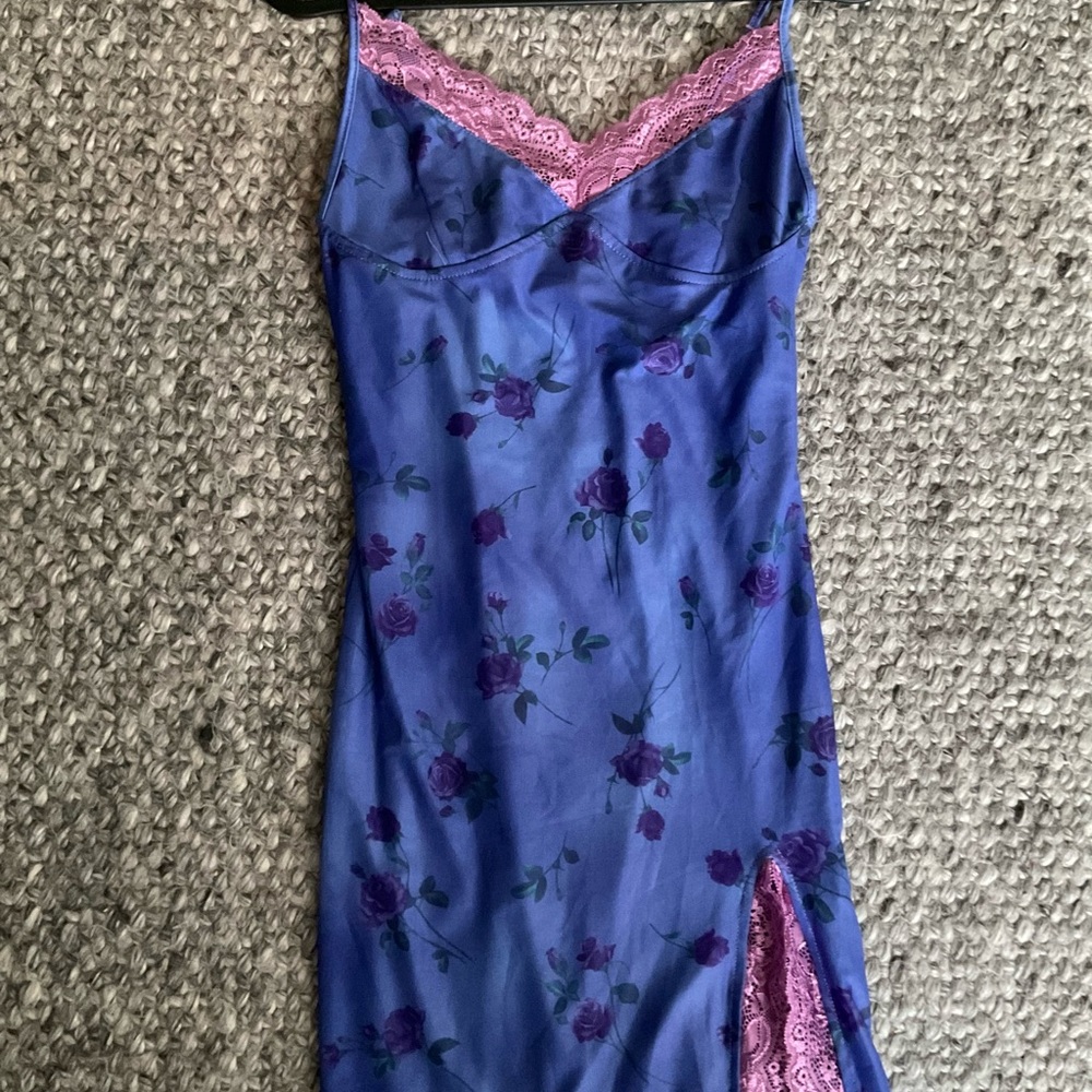 Floral Lace Trim Slip Dress - Blue and Purple